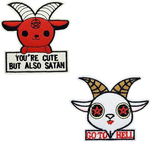 Miniatura 1 de 2 piezas de parche bordado de cabeza de cabra satánica "You're Cute but also Satan" "Go to Hell", parche bordado para planchar o coser para ropa,