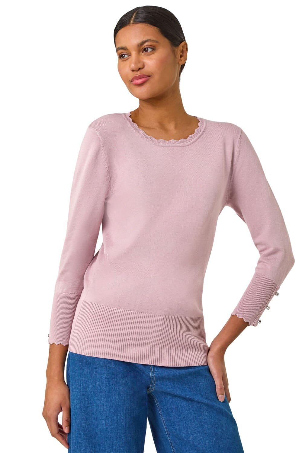 Roman Women's Pink Scallop Neck Button Knit Jumper Size 20