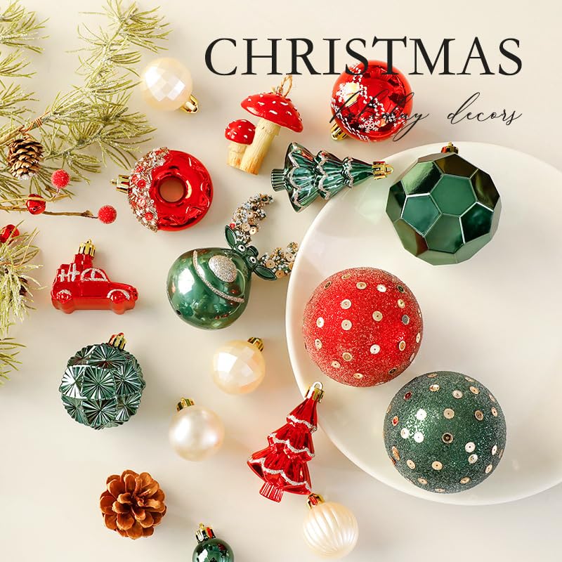 Decorazioni dell'albero di Natale, Set di ornamenti della sfera di Natale,degli ornamenti di Natale Balls Shatterproof Hanging Ornaments Kit (32Set rossi e verdi)