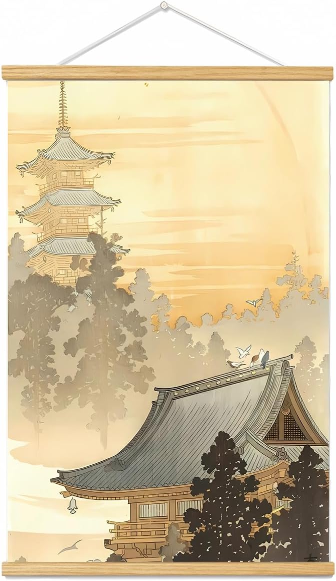 “Handmade Hanging Asian Wall Decor, Chinese traditional Ink Landscape Painting Set Fixed Wooden Hanging Scroll - 18"x30" (light green, 37L x 12W)