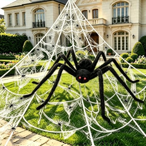 TOPBELIEF Set Decorativo Halloween Araña Peluda, 1.25M Araña Gigante de Halloween con Telaraña Triangular 7m, 40g Telaraña Simulada y 20 Arañas Pequeñas, para Jardines, Exteriores y Fiestas de Terror