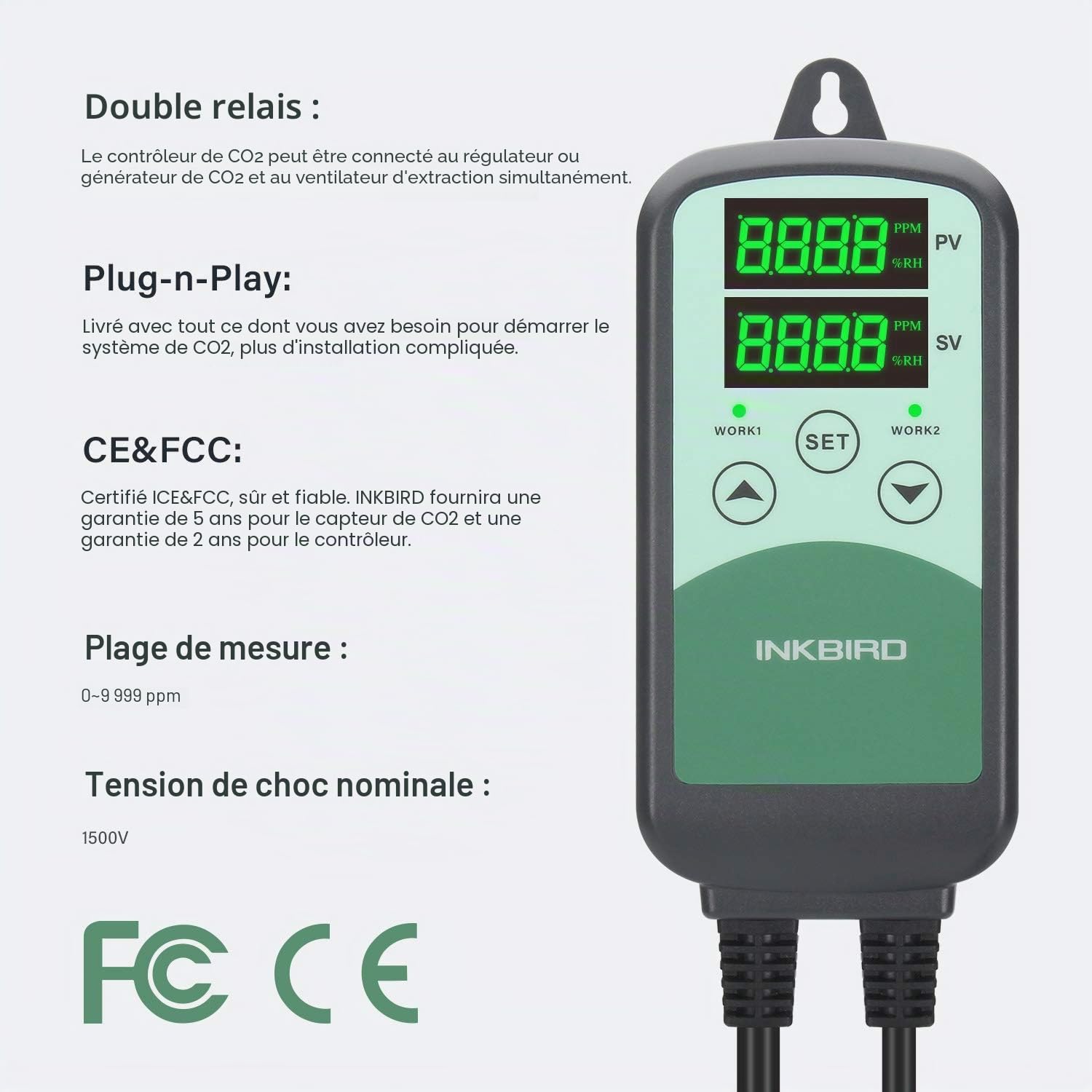 Inkbird Contrôleur Numérique CO2 ICC-500T,Moniteur Programmable avec Sonde NDIR Sensible pour Système de Ventilation,Contrôle de Bâtiment,Équipement HVAC