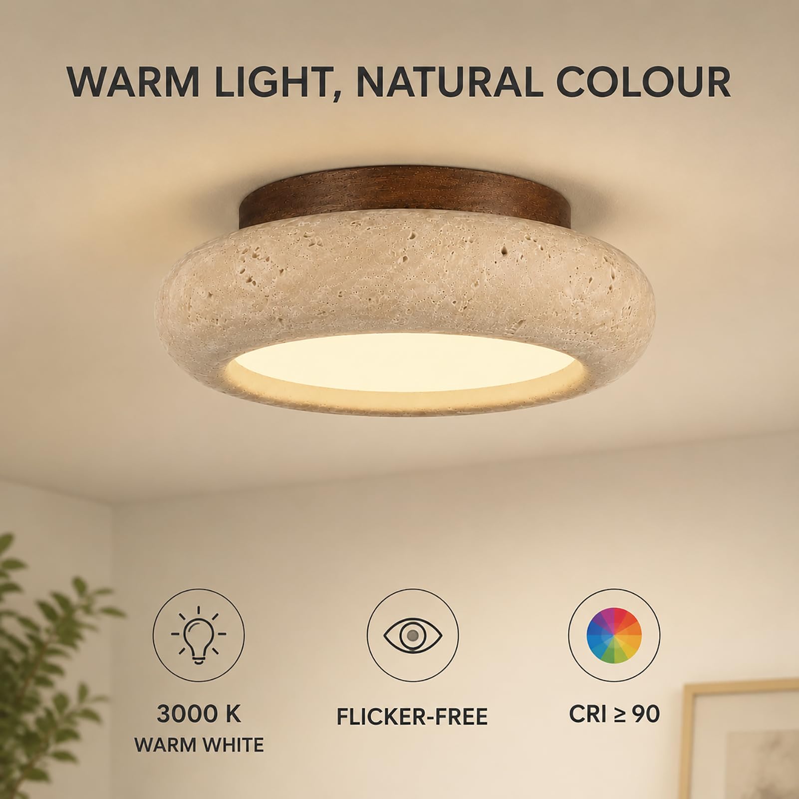 Plafoniera in Travertino Wabi Sabi, Lampada Japandi in Pietra e Legno