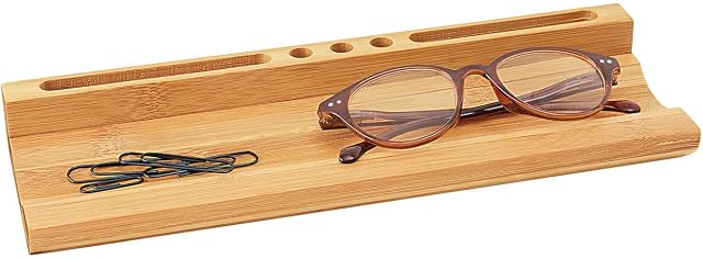WEDO 0611807 bambusowy organizer stołowy z uchwytem na smartfon, 3 uchwyty na długopisy, duża półka, 28 x 9 x 3,8 cm, brązowy
