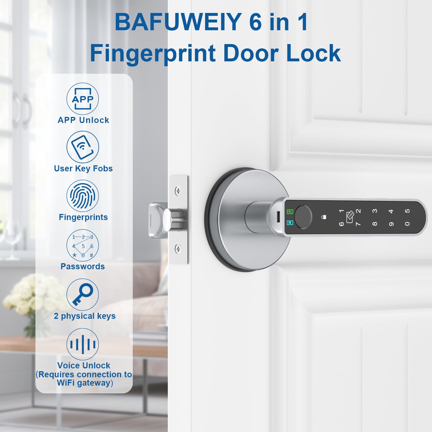Fingerabdruck-Türschloss, Fingerabdruck-Türknäufe Daumenabdruck Türknauf mit App-Steuerung/Fingerabdruck/IC-Karten/Codes/Schlüssel, Smart Lock für Schlafzimmer Home Apartment Grau