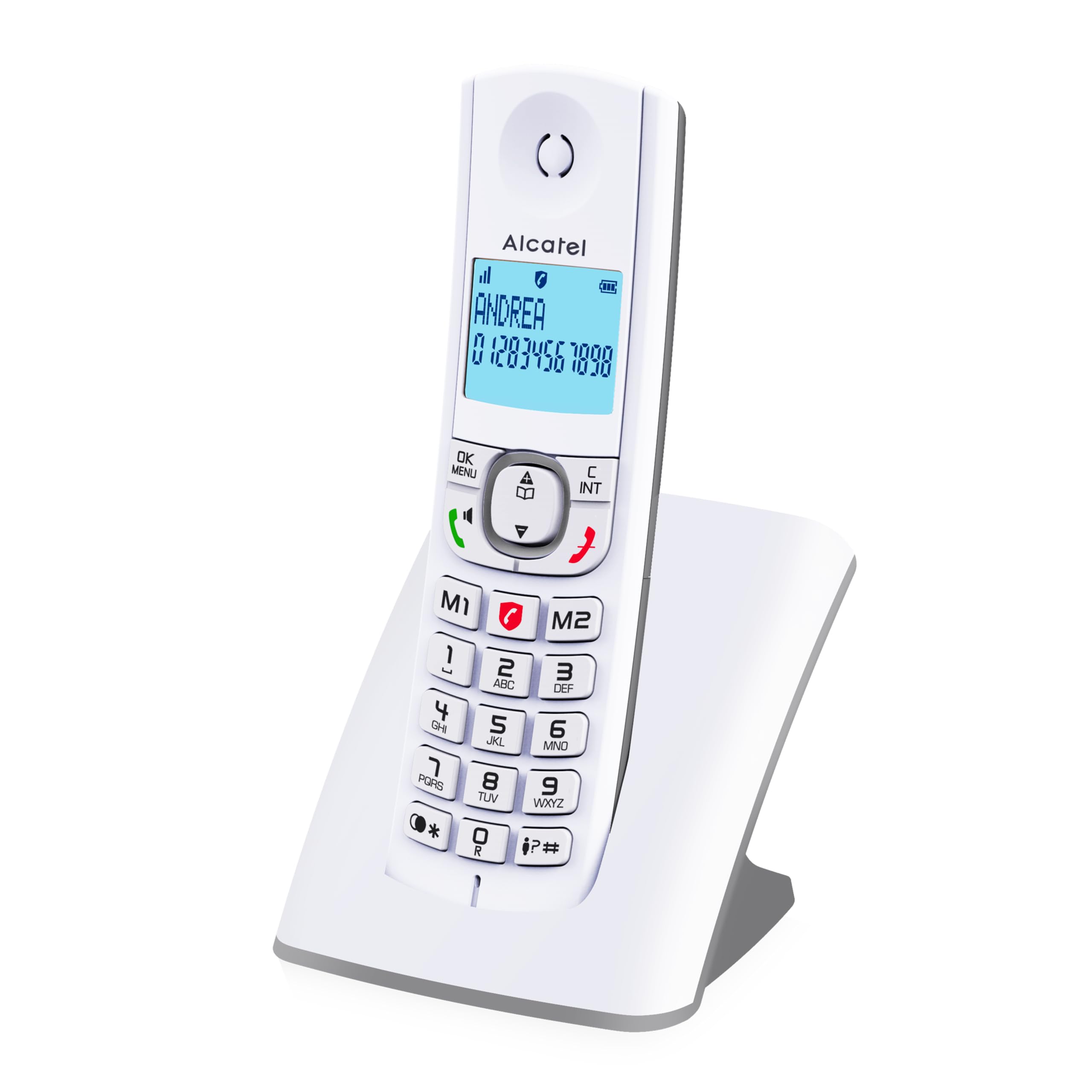Alcatel F530, telefon bezprzewodowy, z funkcją blokowania połączeń, głośnomówiący i dwoma bezpośrednimi przyciskami pamięci biały/szary