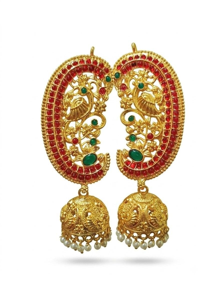 Kemp Stone Peacock Earcuff, Gold-Plated, Ruby and Green, Bridal Traditional Style, 1 Pair-picture-22