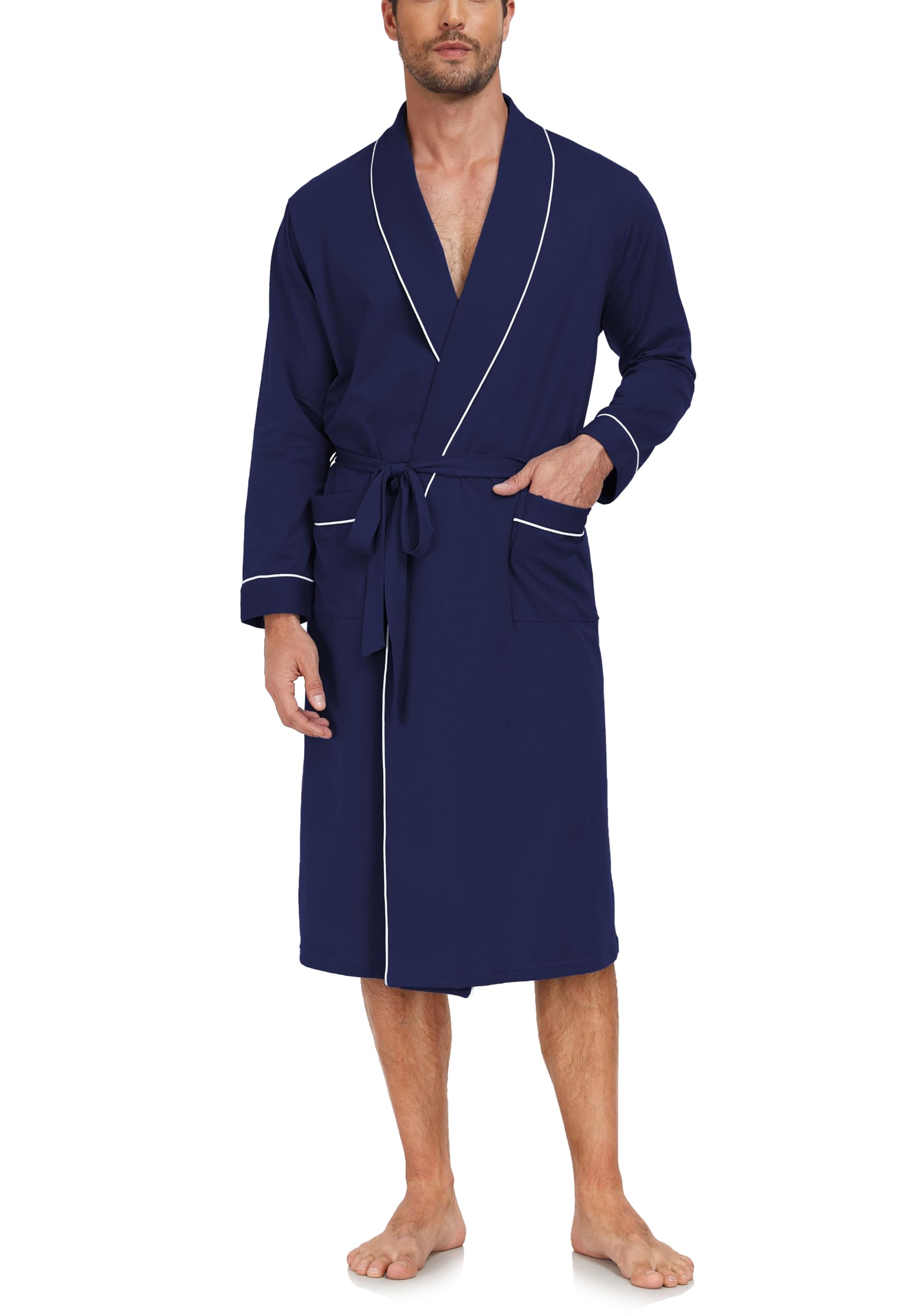 COLORFULLEAFMens 100% Cotton Robes Lightweight Long Sleeve Bathrobe Soft Knit Spa Robe with Pockets