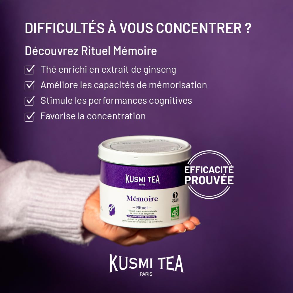 Kusmi Tea - Rituel Mémoire - Thé Vert, Maté Bio - Enrichi en extrait de Ginseng - Arômes Naturels de Citron et de Bergamote - Boîte Thé Métal 100g - Quantité pour environ 50 Tasses