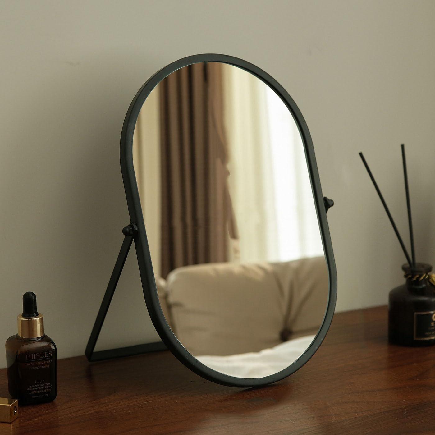 Hosoncovy Full Length Desktop Mirror with Stand,Metal Frame Vanity Makeup Mirror Tabletop Countertop Free Standing for Bathroom Bedroom (Black,L)