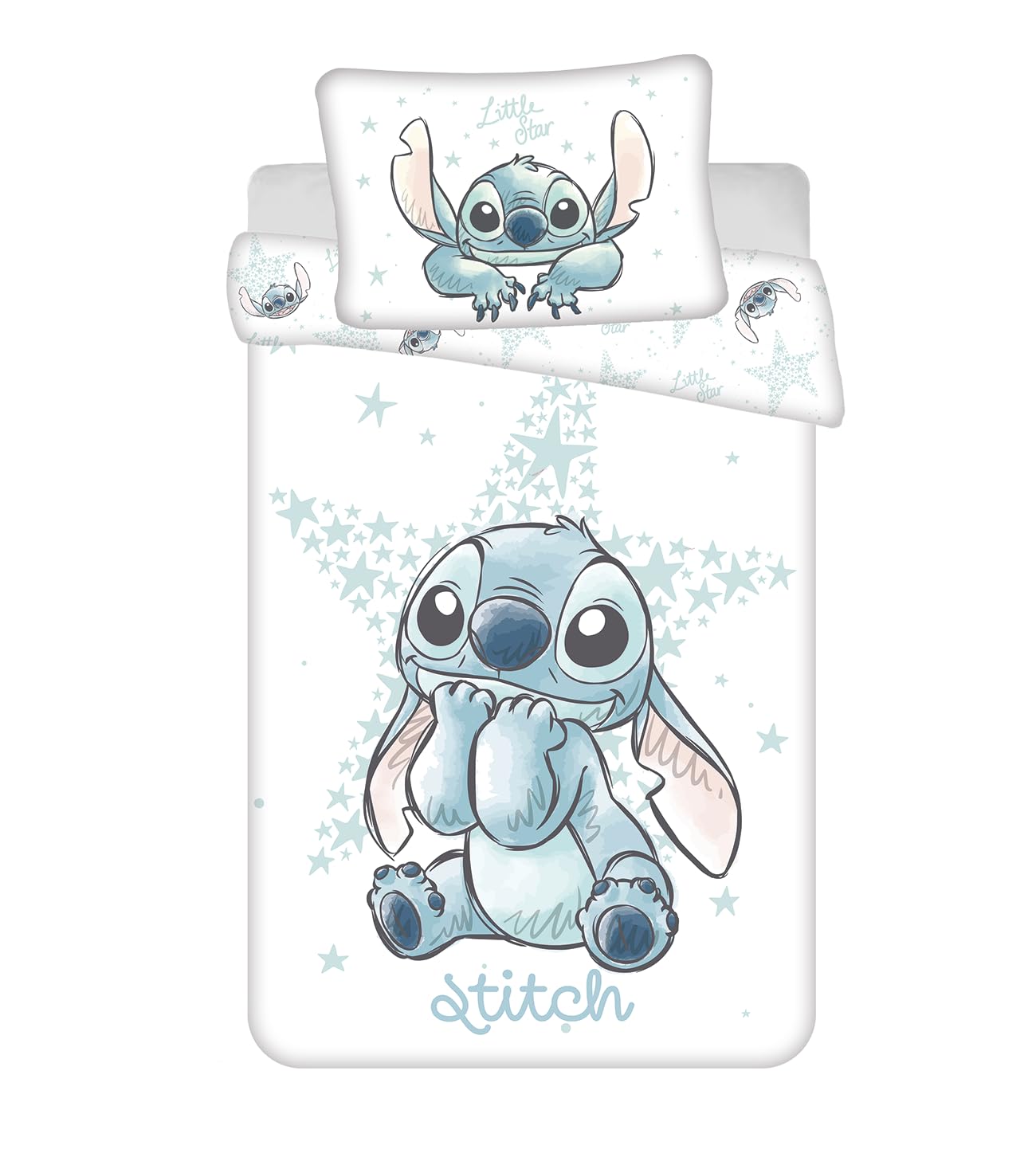 Jerry Fabrics White Lilo & Stitch Junior Size Bedding Set | Cot Size Duvet Cover 100 X 135 Cm With Pillowcase 40 X 60 Cm | ' Star' Design | 100% Cotton | Stitch Reversible Bedlinen For Baby
