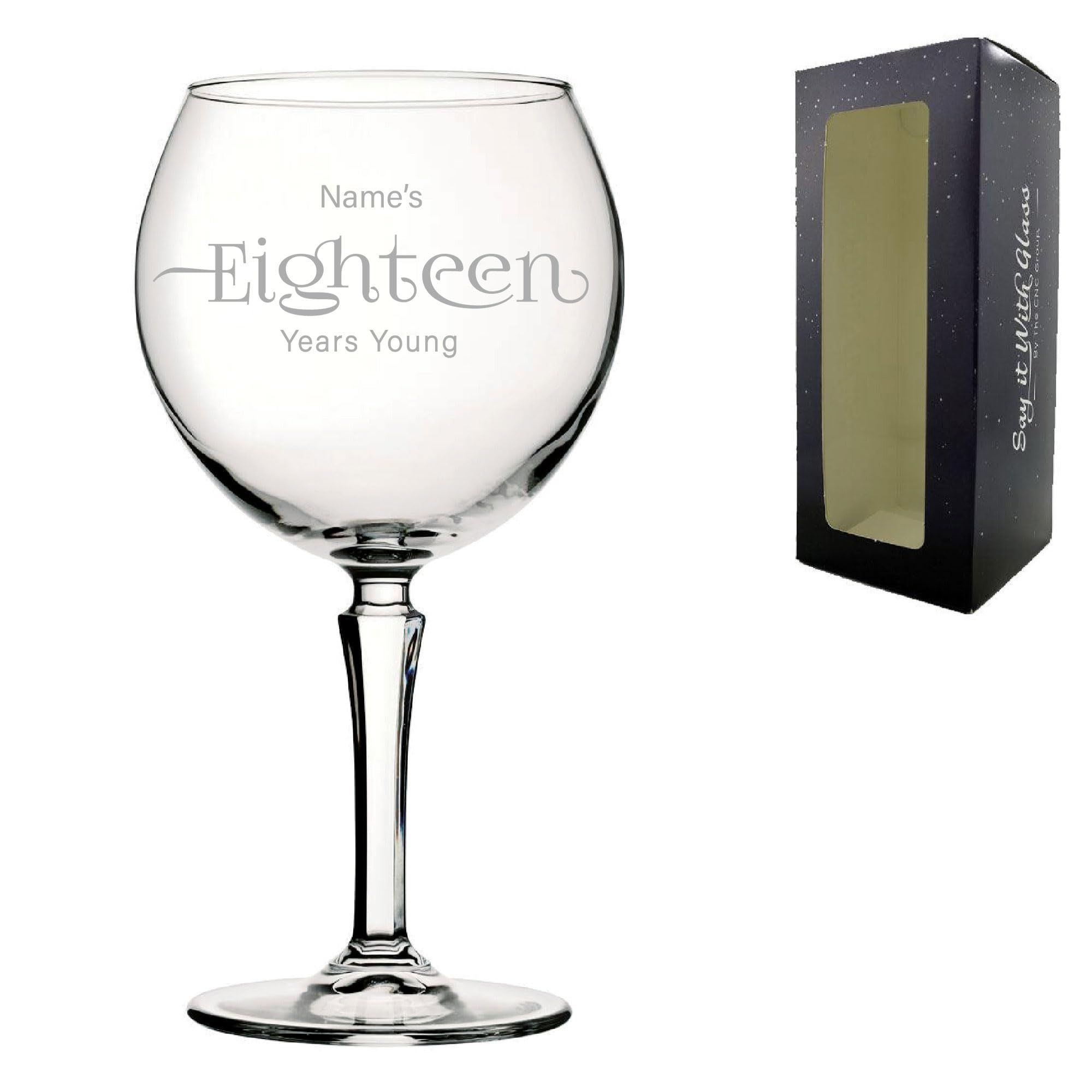 Personalised Engraved 18th Birthday Hudson Gin and Cocktail Glass, Name's 18 Years Young, Gift for Her, Sweeping Font, 650ml or 23oz Hudson Gin Balloon, Engraved in The UK