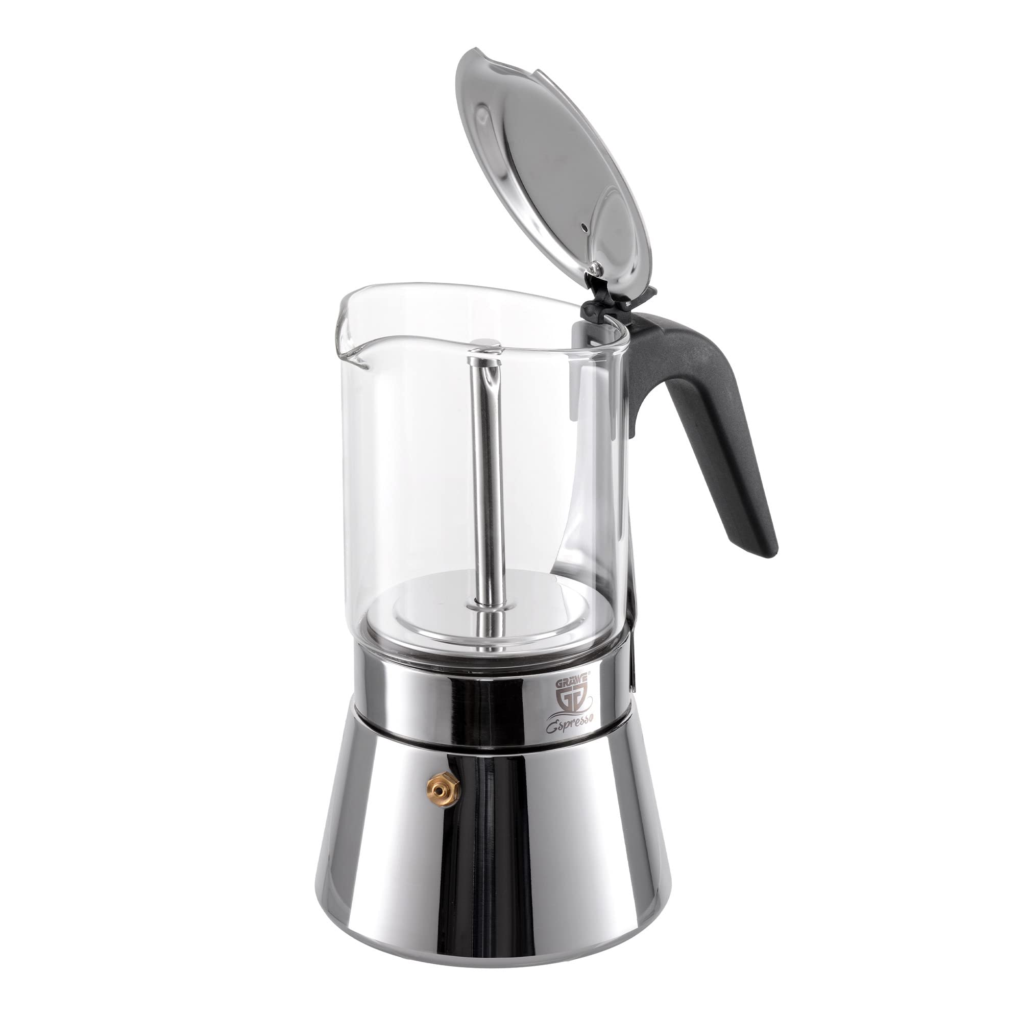 GRÄWE Espressokocher mit Glaskanne Induktion geeignet, Espressokanne aus Edelstahl für 9 Tassen, Klassischer Espresso Maker, Mokkakanne für 360 ml, induktionsgeeignet