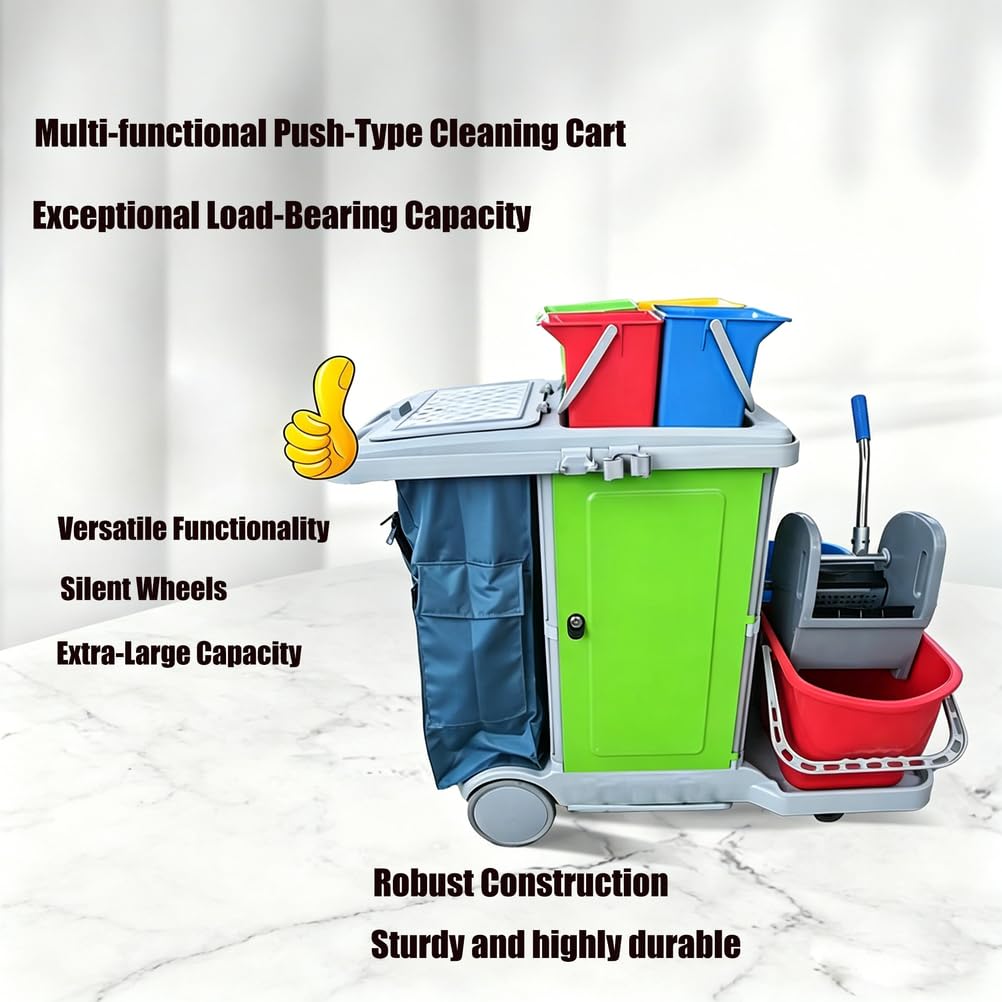 Carrello per Pulizie Commerciale a 3 Ripiani con Ruote, Carrello Multiuso in plastica ingegnerizzata con Serratura, Borsa in Oxford e Copertura Antipolvere.