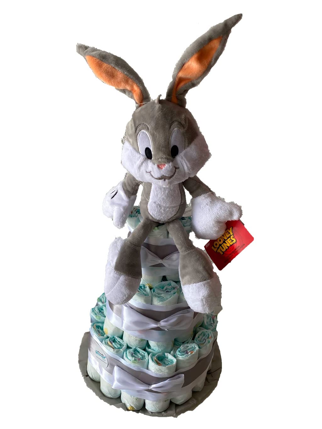 Tarta de pañales Looney tunes Bugs Bunny by MomentosGourmet Añade tu dedicatoria personalizada. Regalo para bebé muy práctico. Cesta Canastilla recién nacido. Diaper Cake… (talla 2)