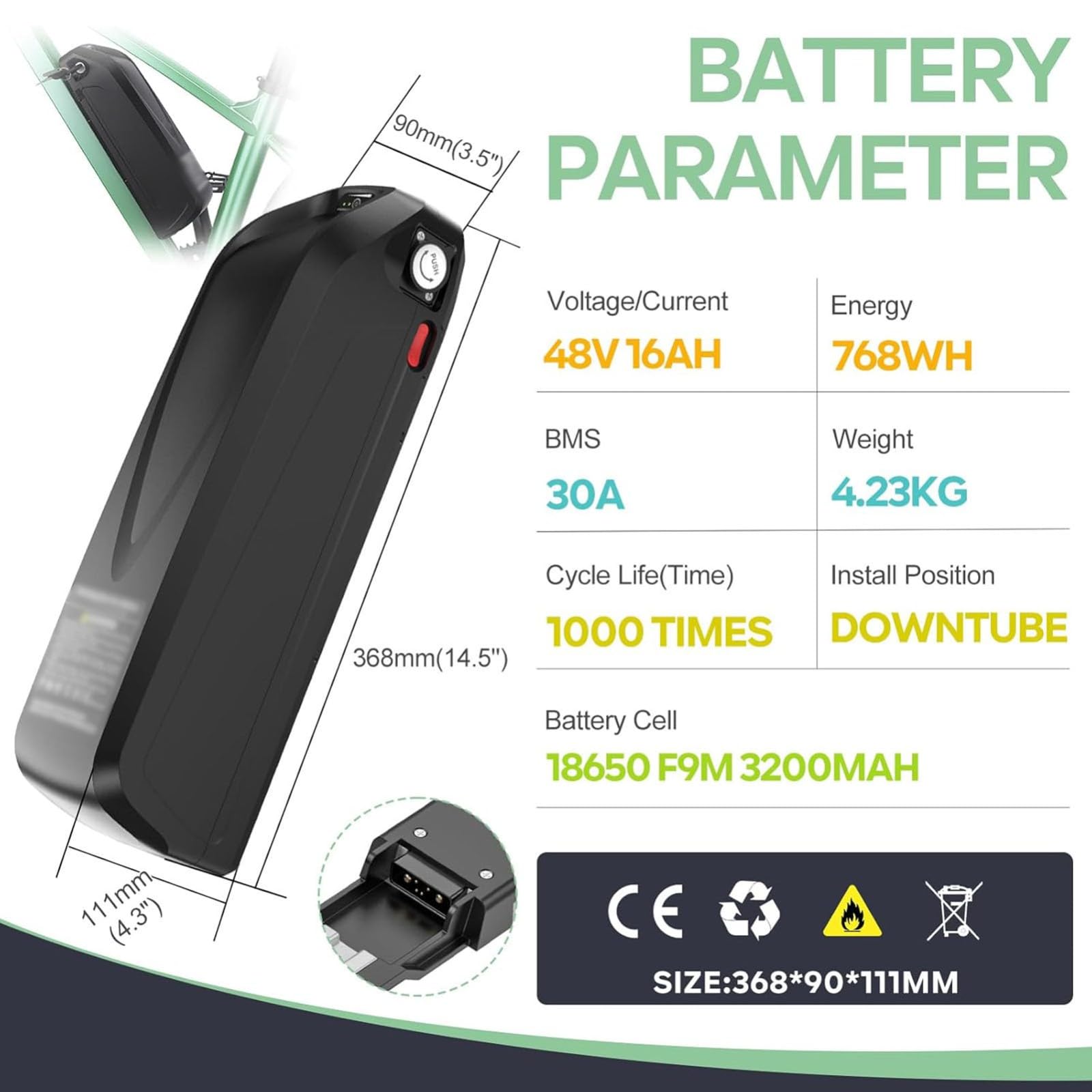 Batterie Lithium-ION Étanche 48 V 16 Ah pour Vélos Électriques, avec Protection BMS Et Antivol, Amovible Et Fournie avec Chargeur pour VTT Et Vélos De Ville Électriques.