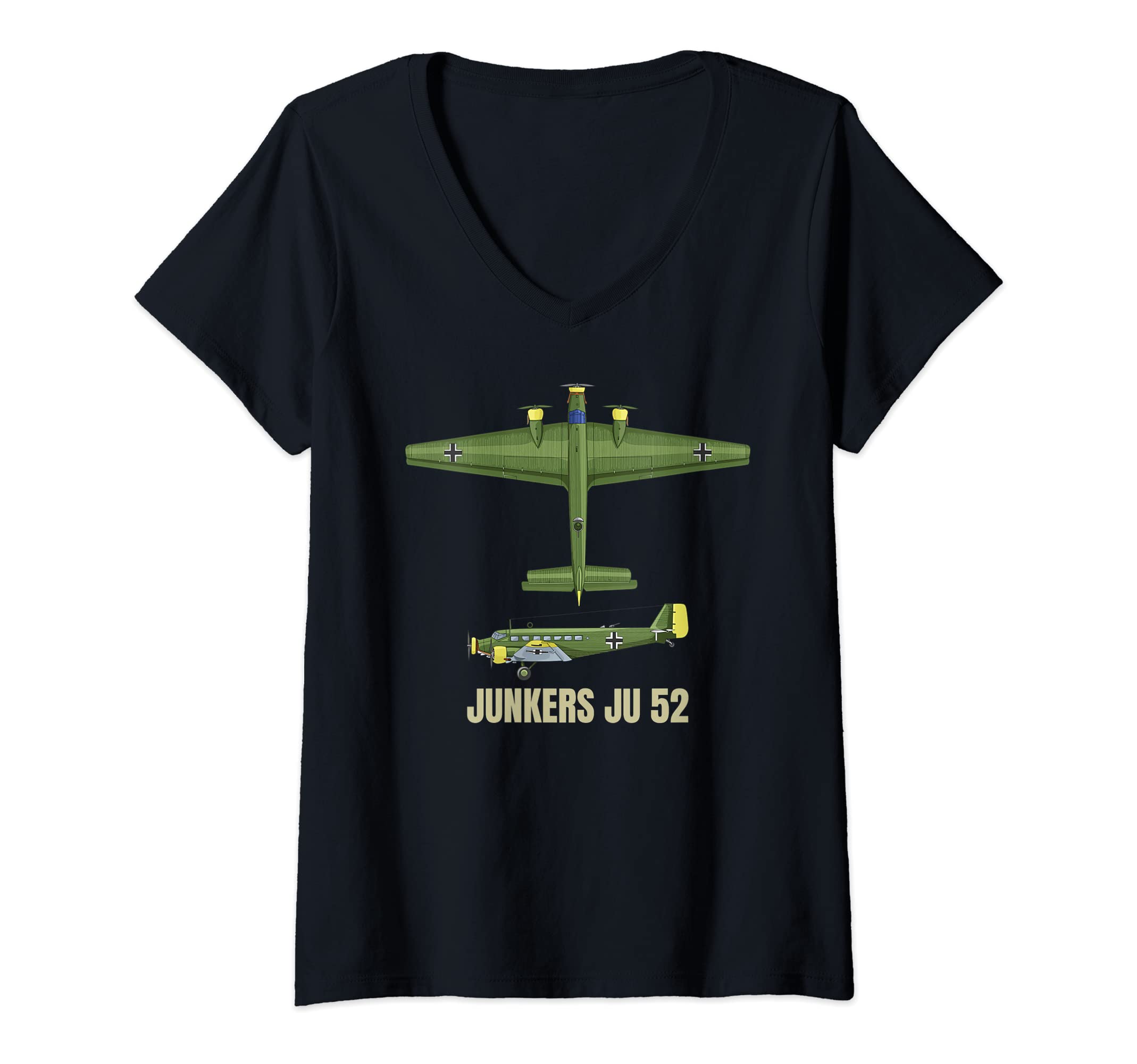 Womens Ju 52 German WW2 Transport Aircraft Plane Diagram V-Neck T-Shirt, Black