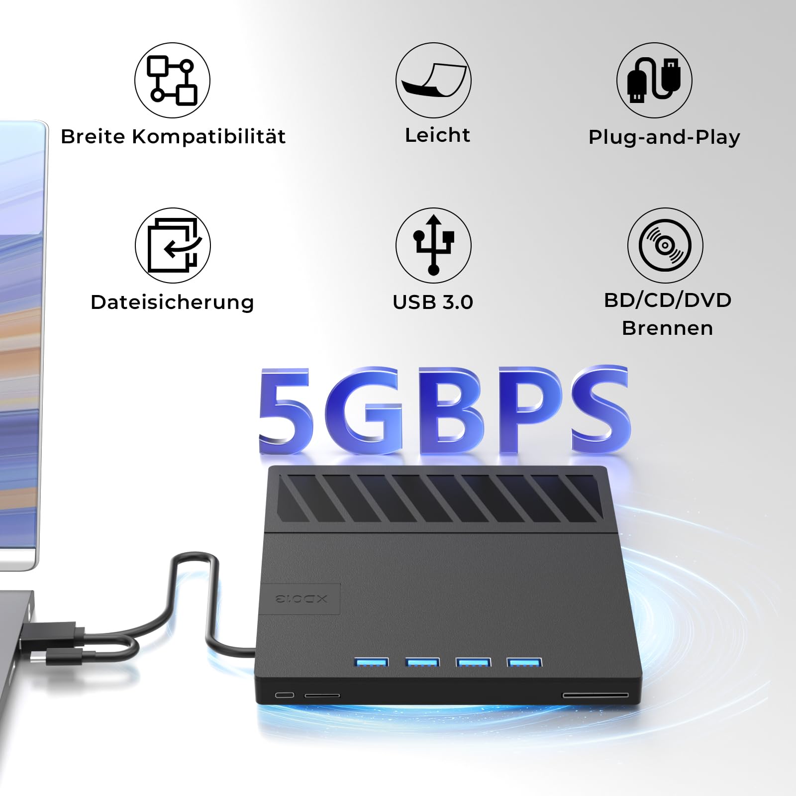 Externes Blu-ray Laufwerk, DVD/BD Player Lesen/Schreiben, Blu-ray Laufwerk, Externes USB Laufwerk mit 4 USB Ports und 1 SD/TF Slot USB 3.0 Type-C Blu-ray Laufwerk Drive für Laptop PC Windows Mac OS
