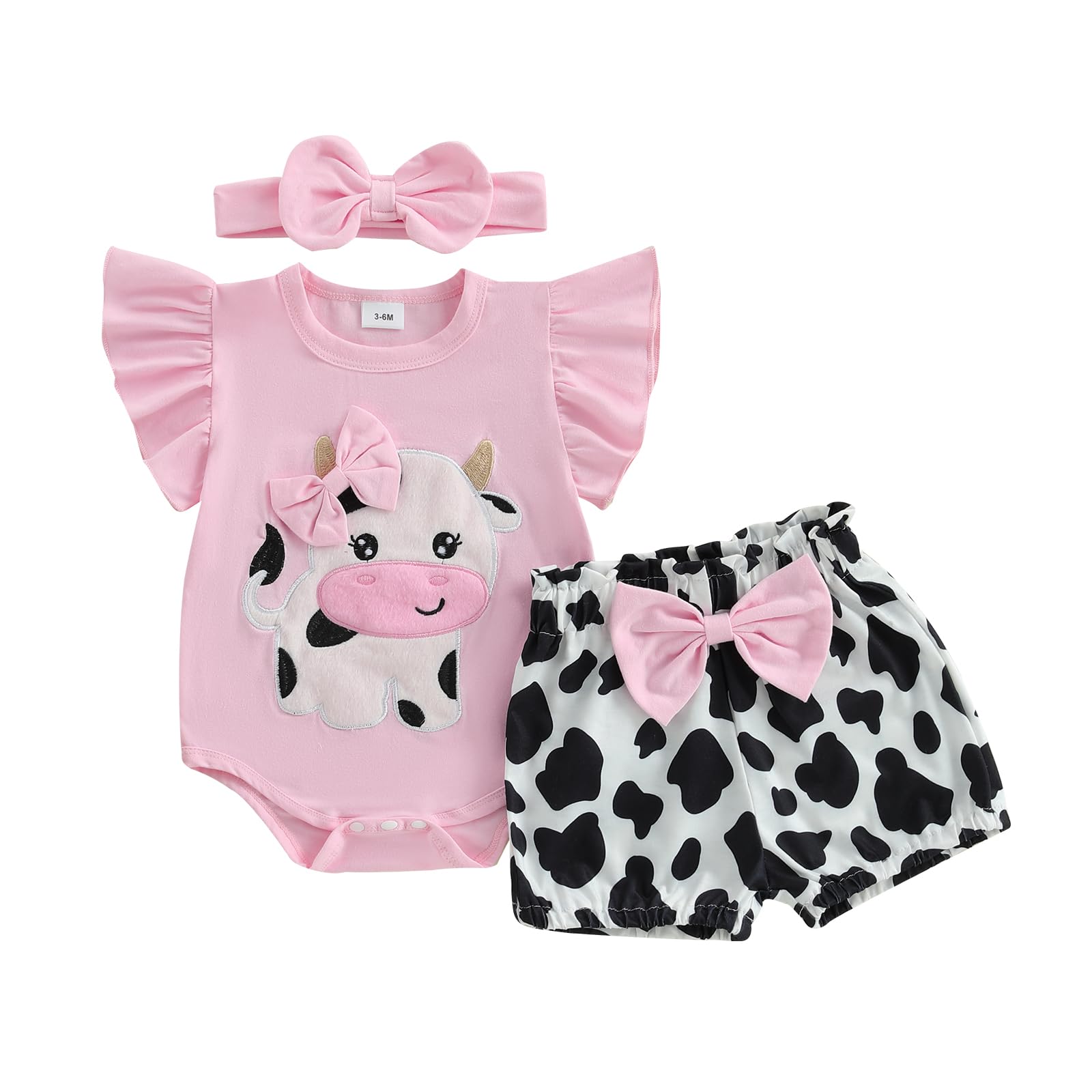 Ledy Champswiin Newborn Baby Girl Clothes Set Bear/Cow Embroidery Bodysuit Romper Infant Bow Shorts Summer Outfits (Pink cow, 3-6 Months)