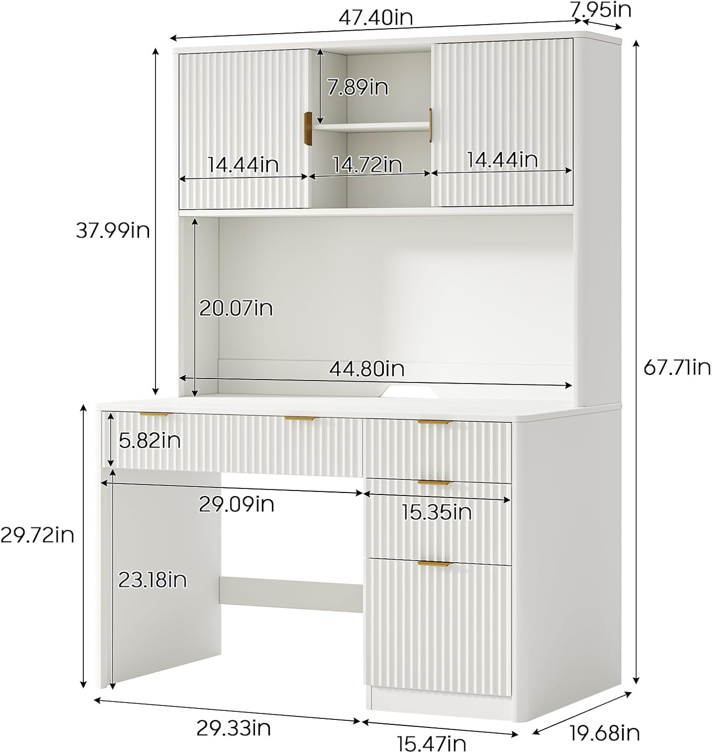 Halitaa Executive Desk with Fluted Drawers, Cream White, front view