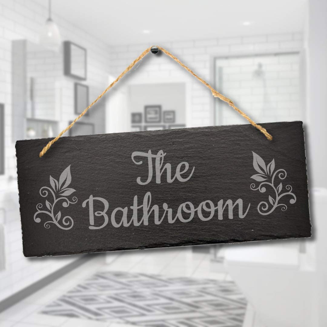 Stukk Natural Engraved Slate Stone Plaque The Bathroom Laser Hanging Sign Home Decor, 30X12cm
