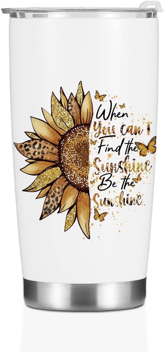 Sunflower Gifts for Women Tumbler, Positive Sunflower Stuff Accessories Birthday Christmas, Inspirational Sunshine Butterfly Coffee Mug Stainless Steel Vacuum Insulated Double Wall Travel Cup 20oz