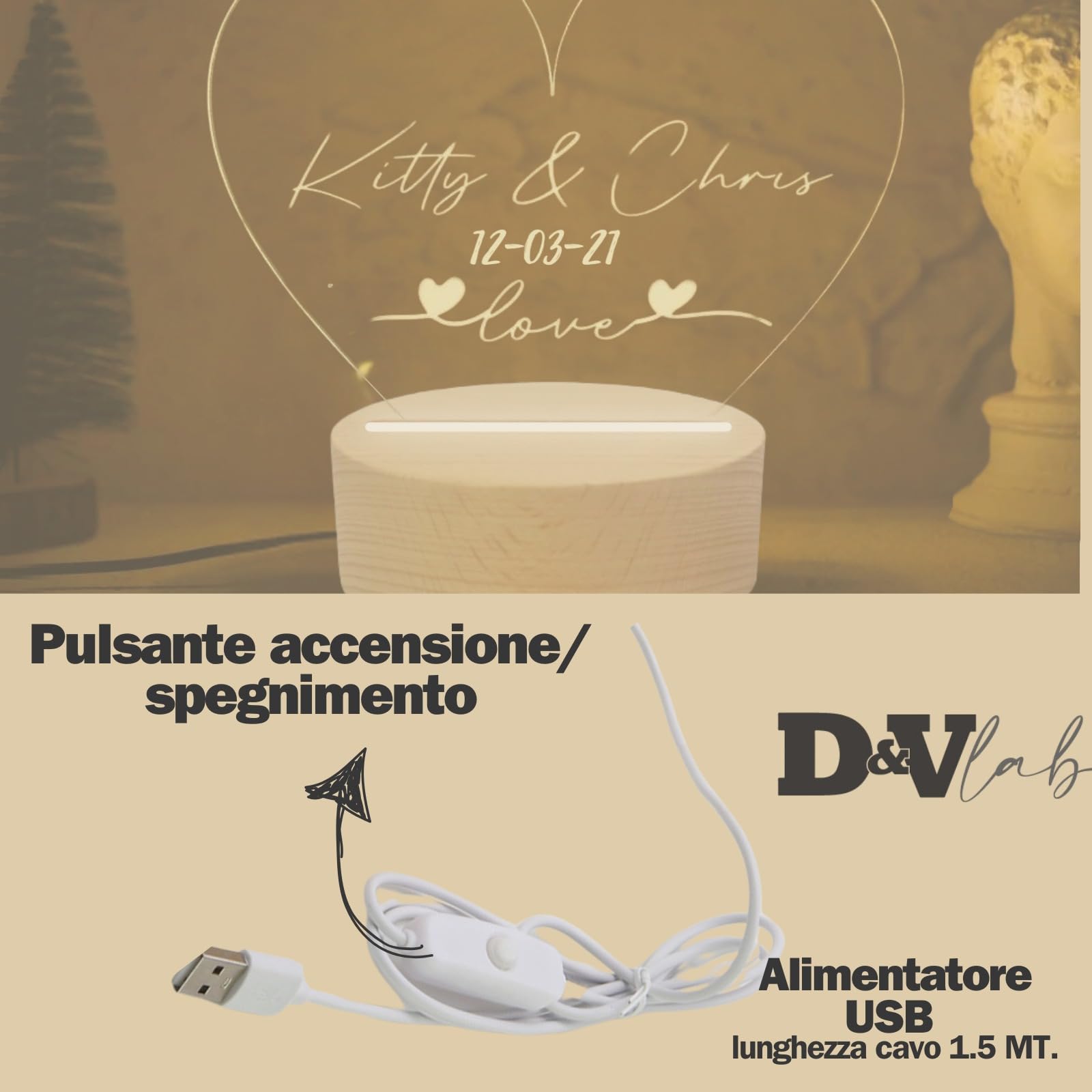 Lampada led notturna a forma di cuore personalizzata con nomi, Idea Regalo anniversario per lei e lui San Valentino Coppia di Fidanzati Amore Love, Targa in plexiglass con base legno per arredo casa