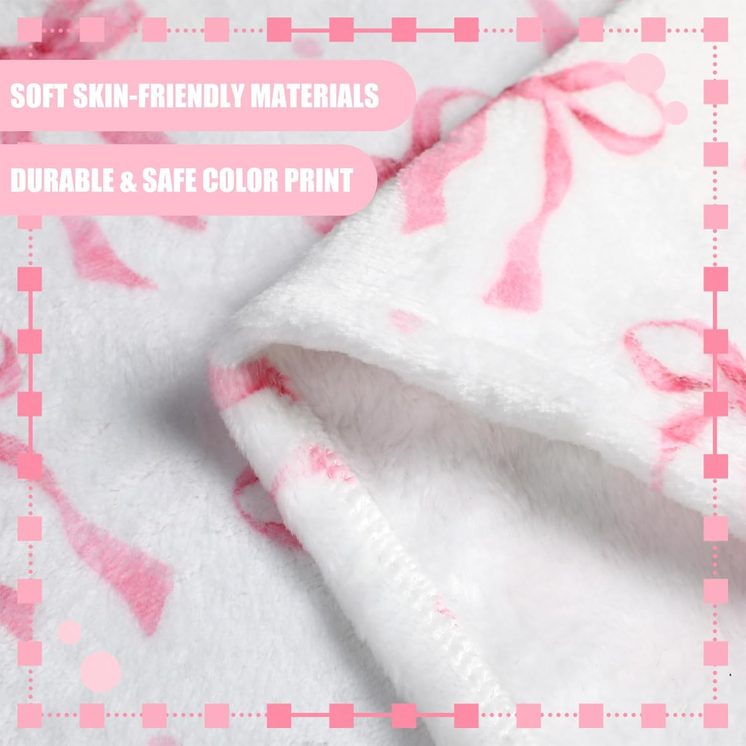3 Piece Pink Bow Crib Bedding Set for Baby Girls - Soft Flannel Blanket Fitted Grid Crib Sheet Pillow Cover Coquette Nursery Decor Newborn Gift