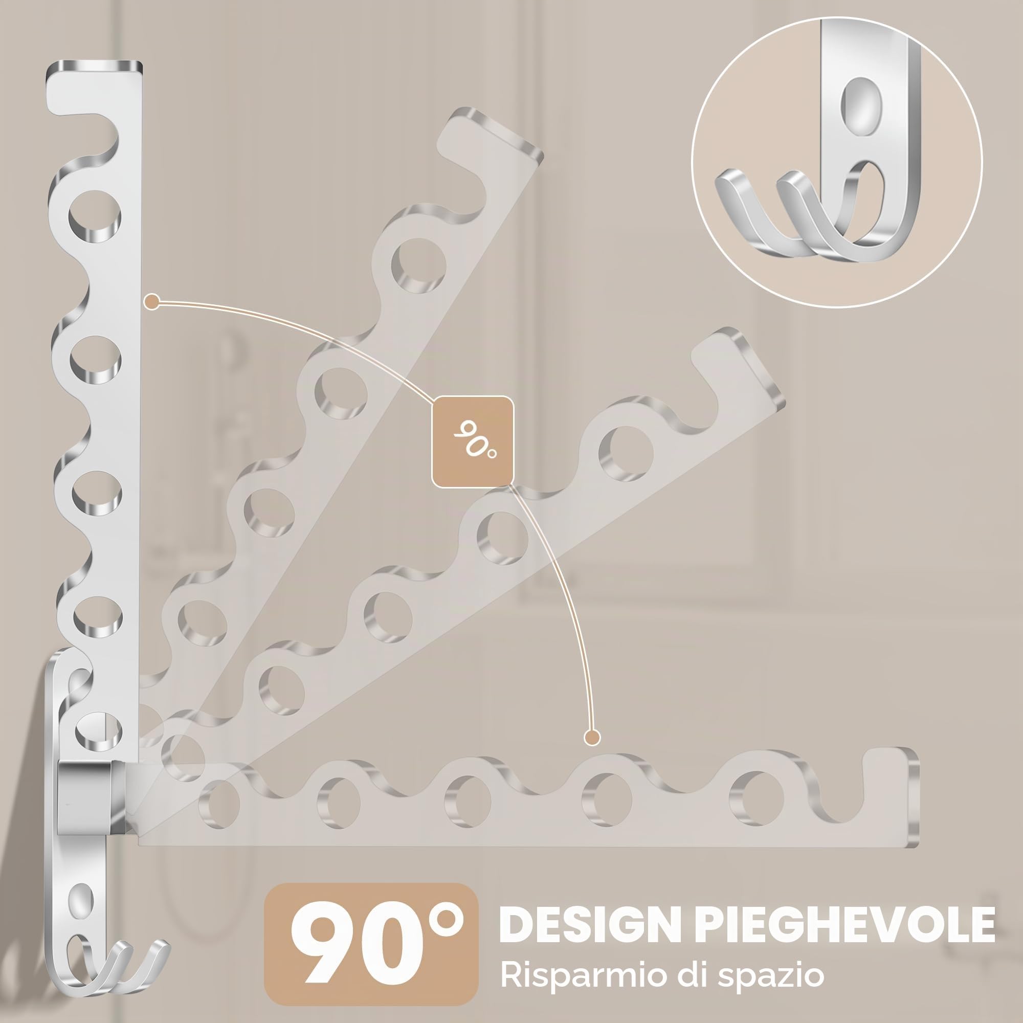 Stendibiancheria da parete, girevole a 90°, appendiabiti pieghevole da parete, per bagno, camera da letto, lavanderia (argento)