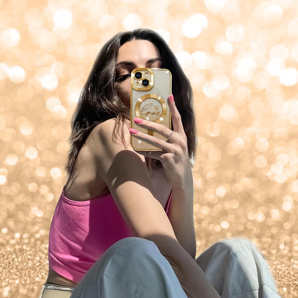 ZIYE Magnetic Case Designed for iPhone 14 Glitter Case Luxury Plating Love Heart Compatible with MagSafe Clear Case with Camera Protector Protection Shockproof Cover for Women Girls-Gold - Image 6