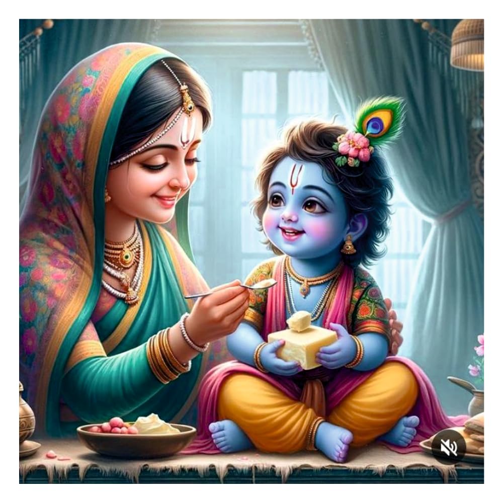 Sky Flying Baby Krishna And Smiley Yashda Maa Wall Poster For Living Room, Kids Room, Office (Size - 41Cm X 41Cm)