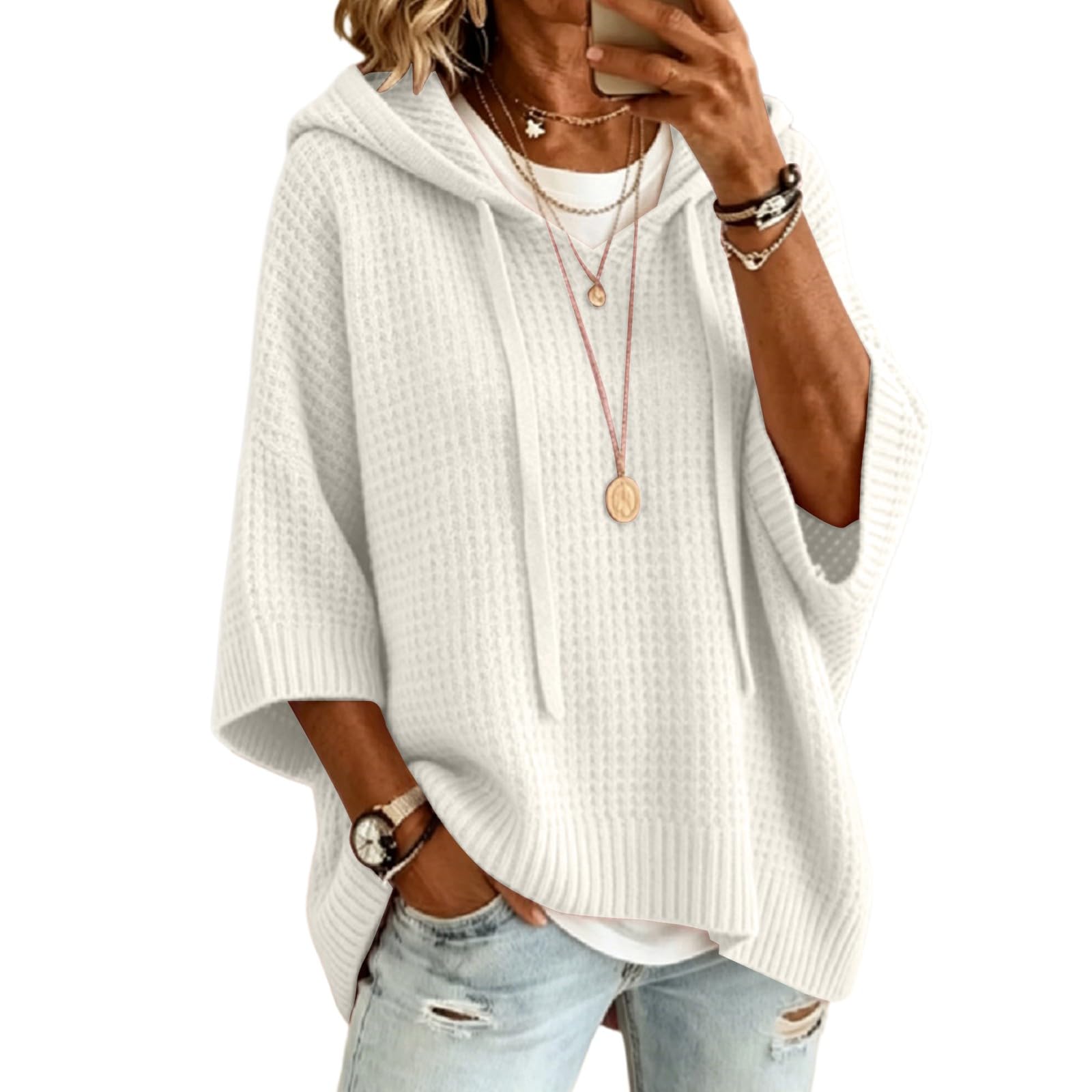 Pullover con Capucha Tejido Waffle Mujer,Cordón Mangas Tres Cuartos,Bolsillo Frontal | Look Relajado Primavera Otoño Informal | Ligero,Suave Y Holgado para Vestir