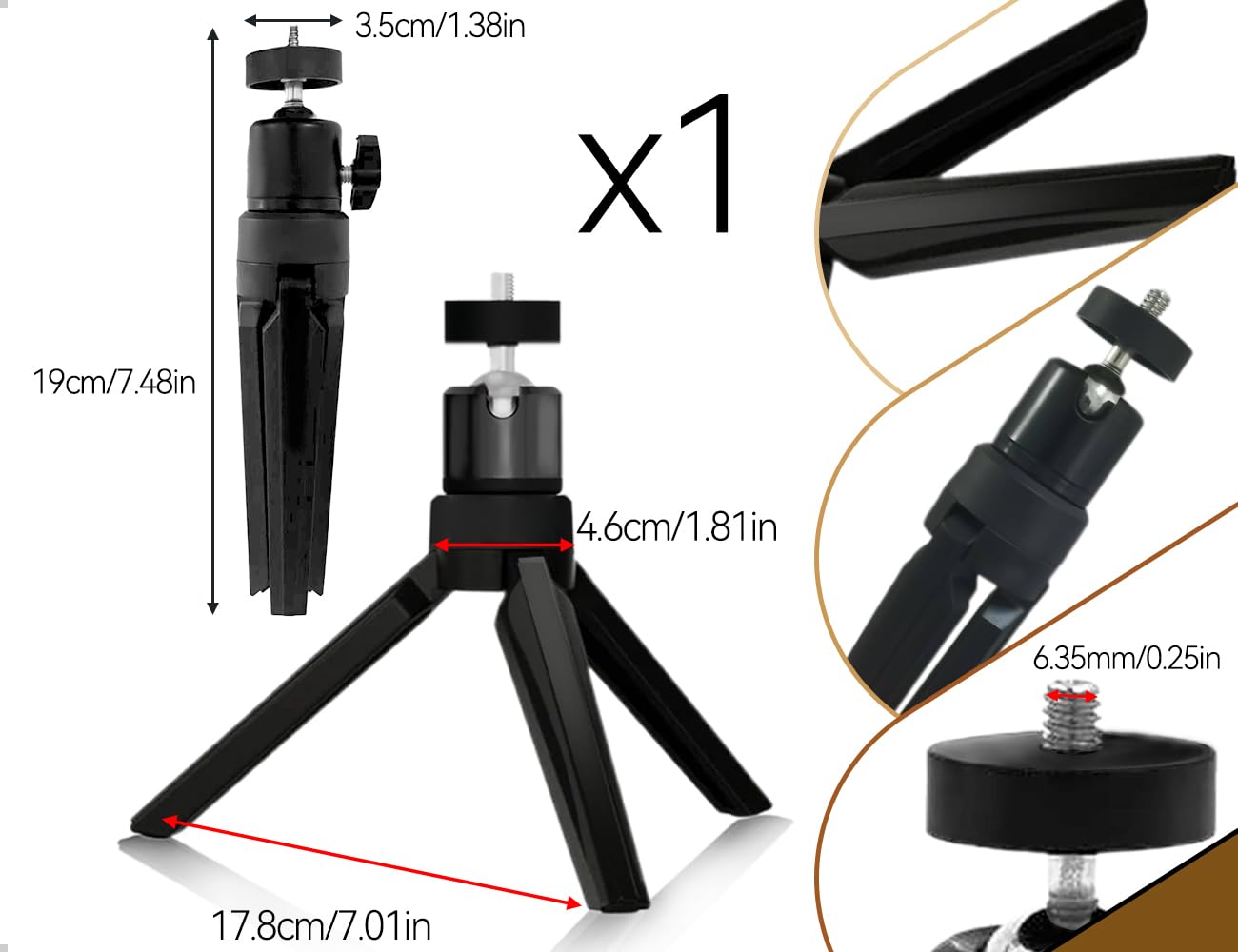 Stojak na projektor, mini statyw ze śrubą 1/4", stojak na projektor z metalową kulką obracającą się o 360°, stojak na kamerę, kamerę internetową, lustrzankę cyfrową i smartfona (czarny)