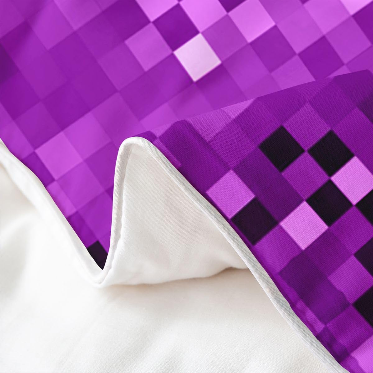 Manfei Pixelated Miners Game Duvet Cover Set Full Size 100% Cotton,Geometric Check Video Games Kids Bedding Set,Gamepad Grid Modern Gaming Room Decor,Purple Quilt Cover,2 Pillowcases(No Filler) image 5