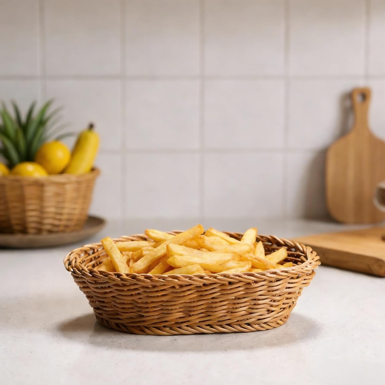 10 Pcs Plastic Woven Bread Baskets, 8.3 in Brown Oval Serving Basket, Rattan-Like for Restaurant, Ktv, Fruit and Snack Display