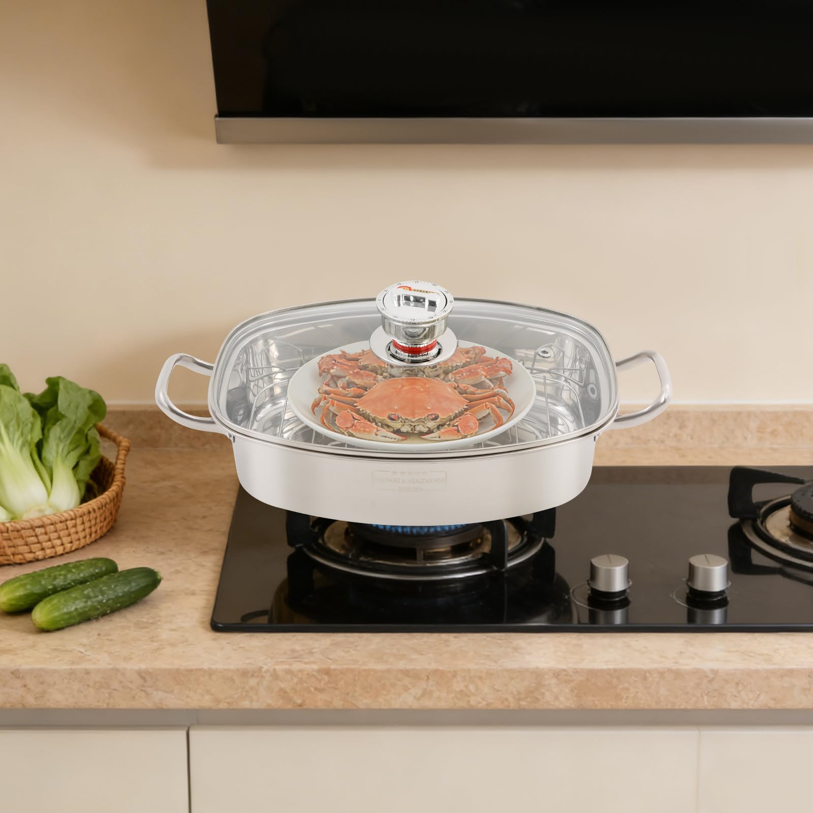 Edelstahl Dampfgarer Topf Set, Gas-, Elektro- & Induktionskochfeldern kompatibe, ovales Mehrzweck-Kochgeschirr mit Glasdeckel, Dampfeinsätze, Timer und Zange, für Fisch, Suppe & Dünsten (1 Etagen)