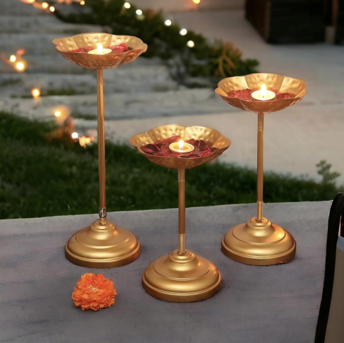 Luxury Lodge Set of 3 Urli Bowl tealight Holder Stand Diwali Home puja Decor Traditional Indian Brass Decorative Bowl for Home | Ideal for Floating Flowers (Taj Stand Set), (Gold-3) (B0DFJZ7GVW) Amazon Price History, Amazon Price Tracker