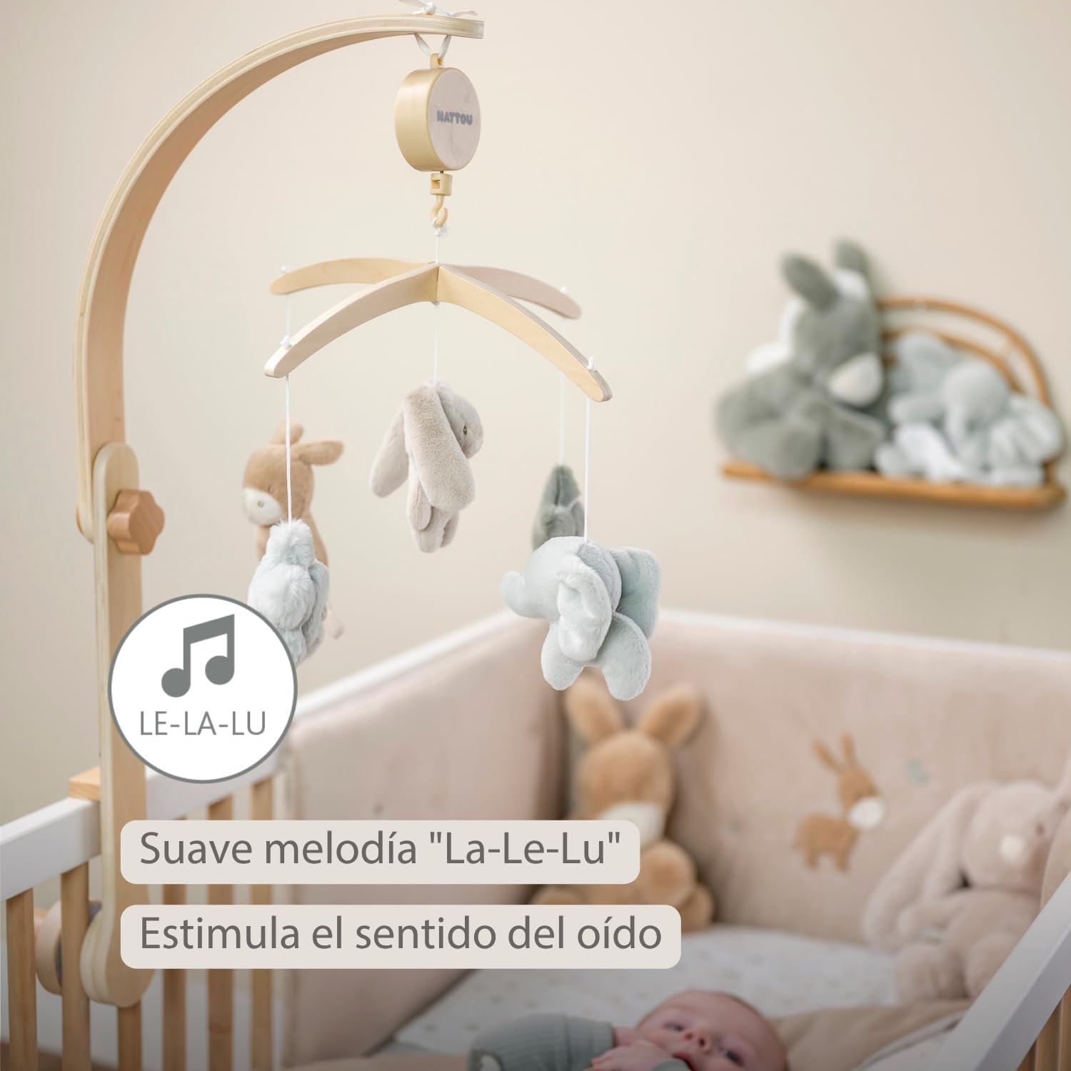 Nattou Loulou Móvil Musical de Madera para Bebé, Carrusel Cuna Bebe, Regalo para bebé, Regalo de Nacimiento, 50 x 40 x 74 cm, Colores Suaves, Verde, Beige, Ecru