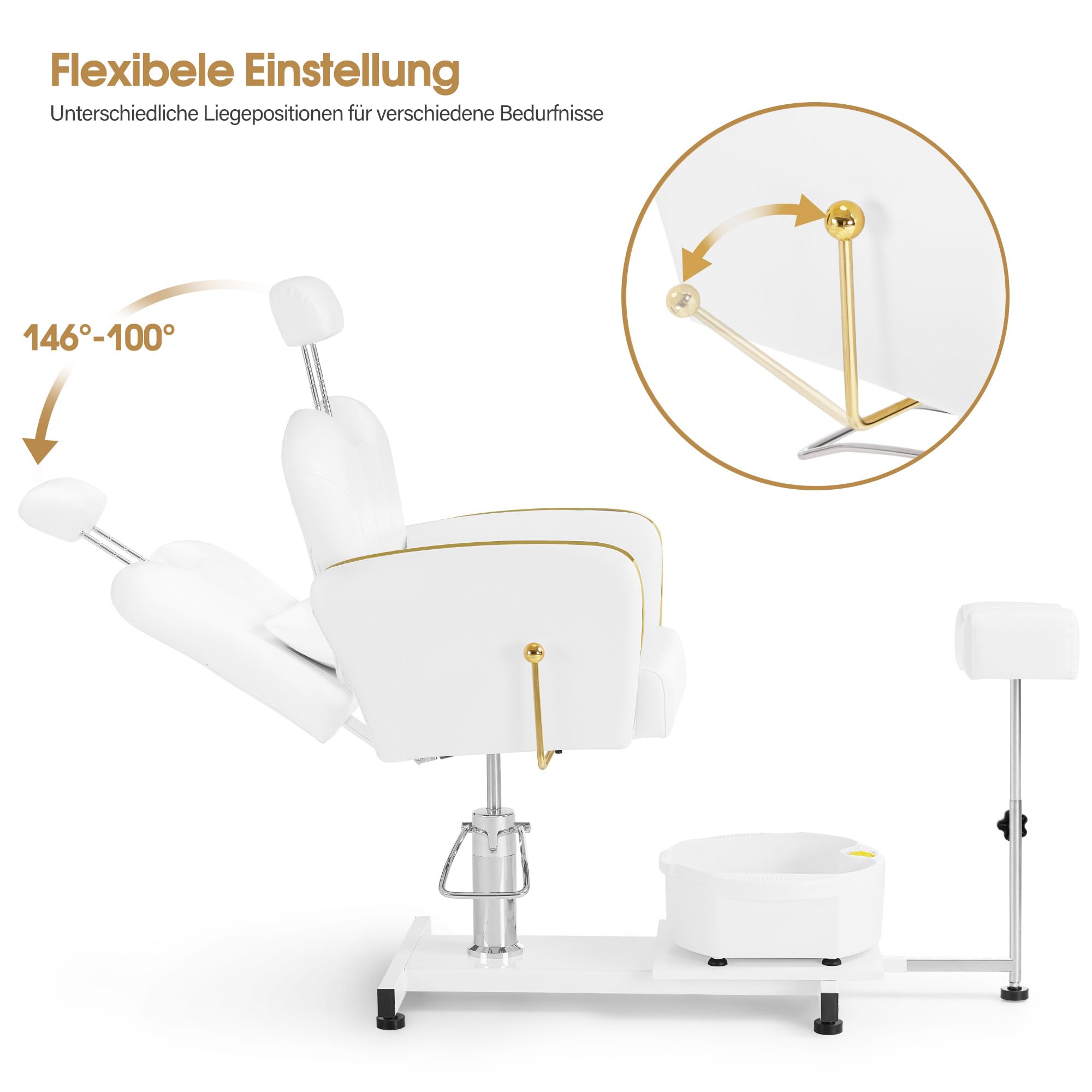 Barberpub Sedia da pedicure con vasca e sgabello, sedia da parrucchiere regolabile e inclinabile, per salone unghie retro F0371 (Oro-Bianco)