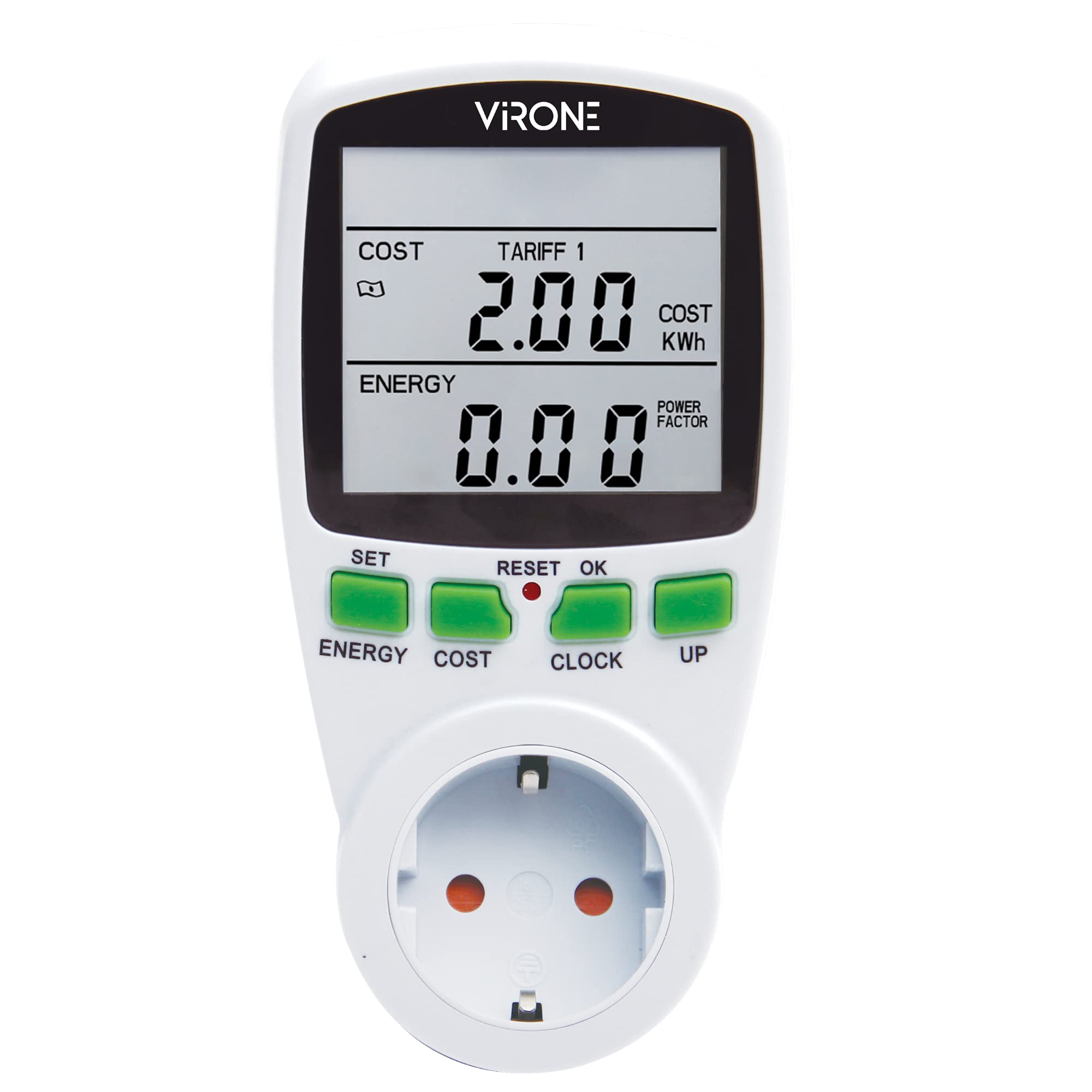 VIRONE EM-1(GS) Energy Meter plugged into a wall socket with an appliance cable connected.