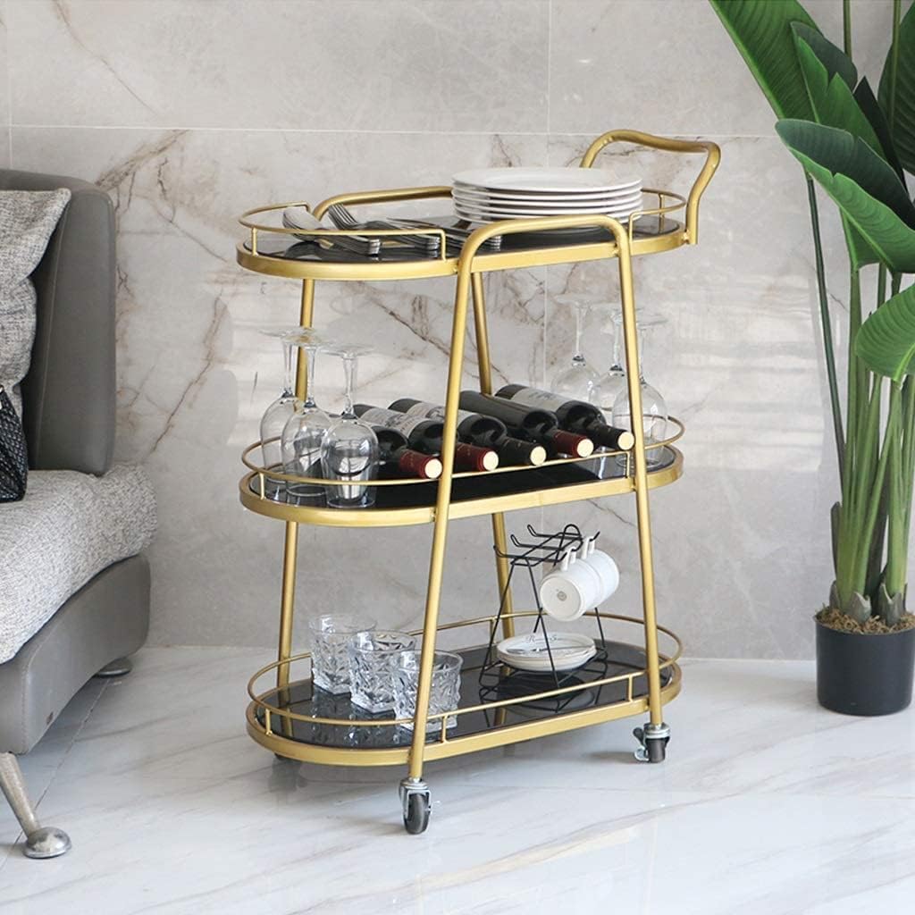 Bar Serving Cart, Wine Cart for Home Kitchen Hotel Modern Design 3 Tiers Serving Trolley Metal Kitchen Cart Tea Wagon Round Design Lockable Wheels for Home Trol