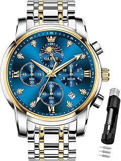 Watch for Men Diamond Business Dress Analog Quartz Stainless Steel Waterproof Luminous Date Two Tone Luxury Casual Wrist Watch Blue