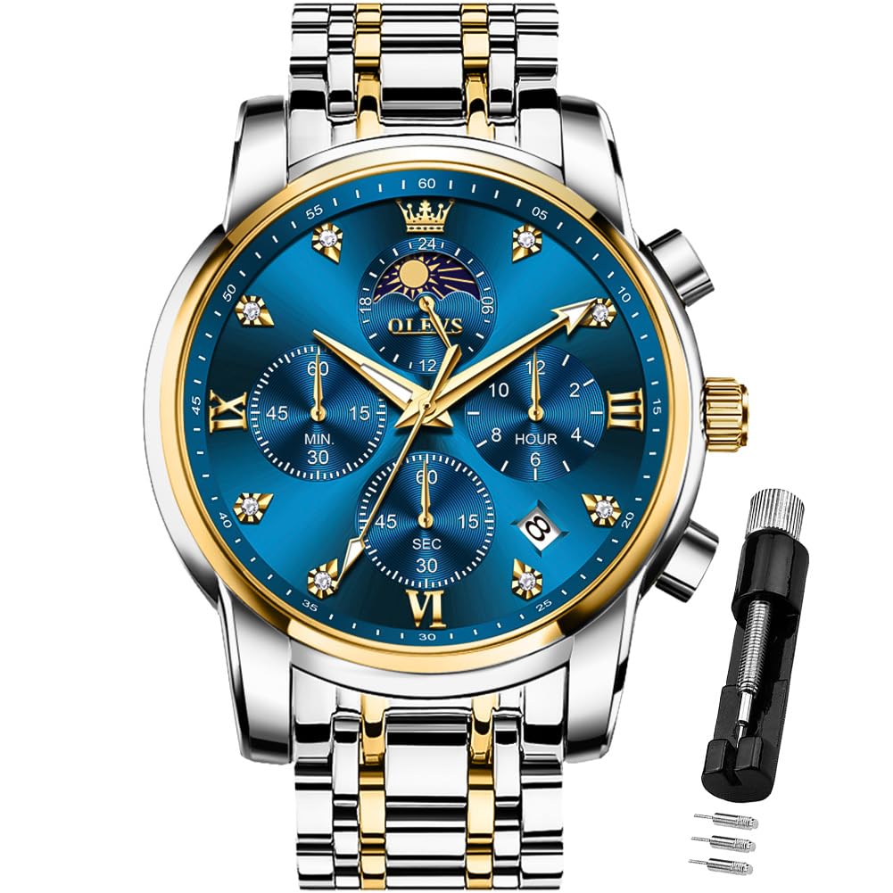 OLEVS Watch for Men Diamond Business Dress Analog Quartz Stainless Steel Waterproof Luminous Date Two Tone Luxury Casual Wrist Watch blue watch 3655