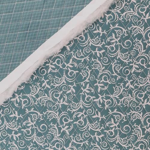 Mook Fabrics Double Faced Quilted Cotton Scroll Vine/Plaid Dk Teal