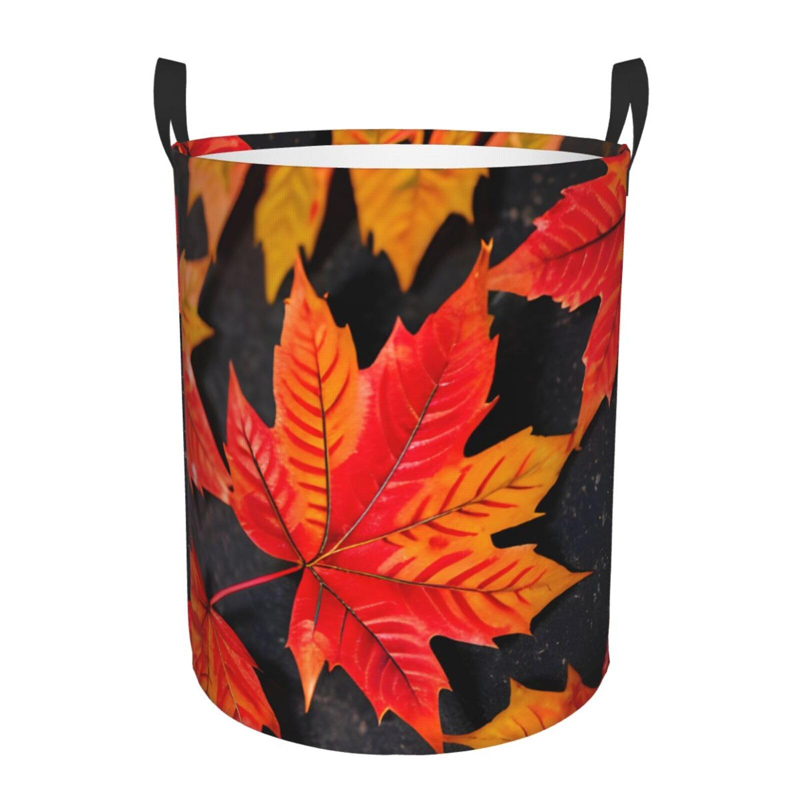 S Collapsible Laundry Hamper Round Fall Red Leaves Print Storage