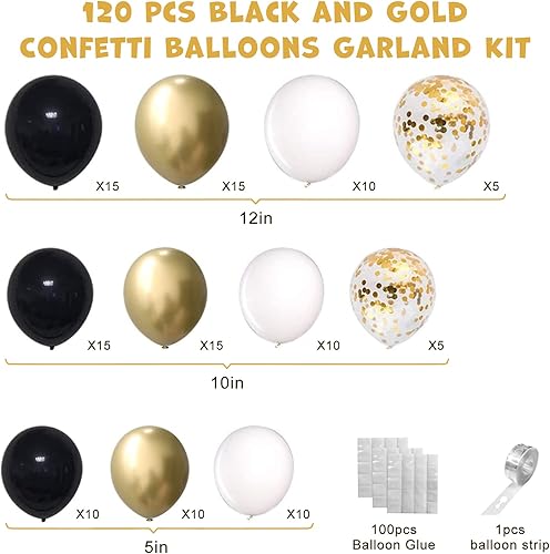 Miniatura 2 de Globos negros y dorados, 120 globos de confeti de oro blanco y negro, kit de arco de guirnalda para cumpleaños, graduación, aniversario, decoración