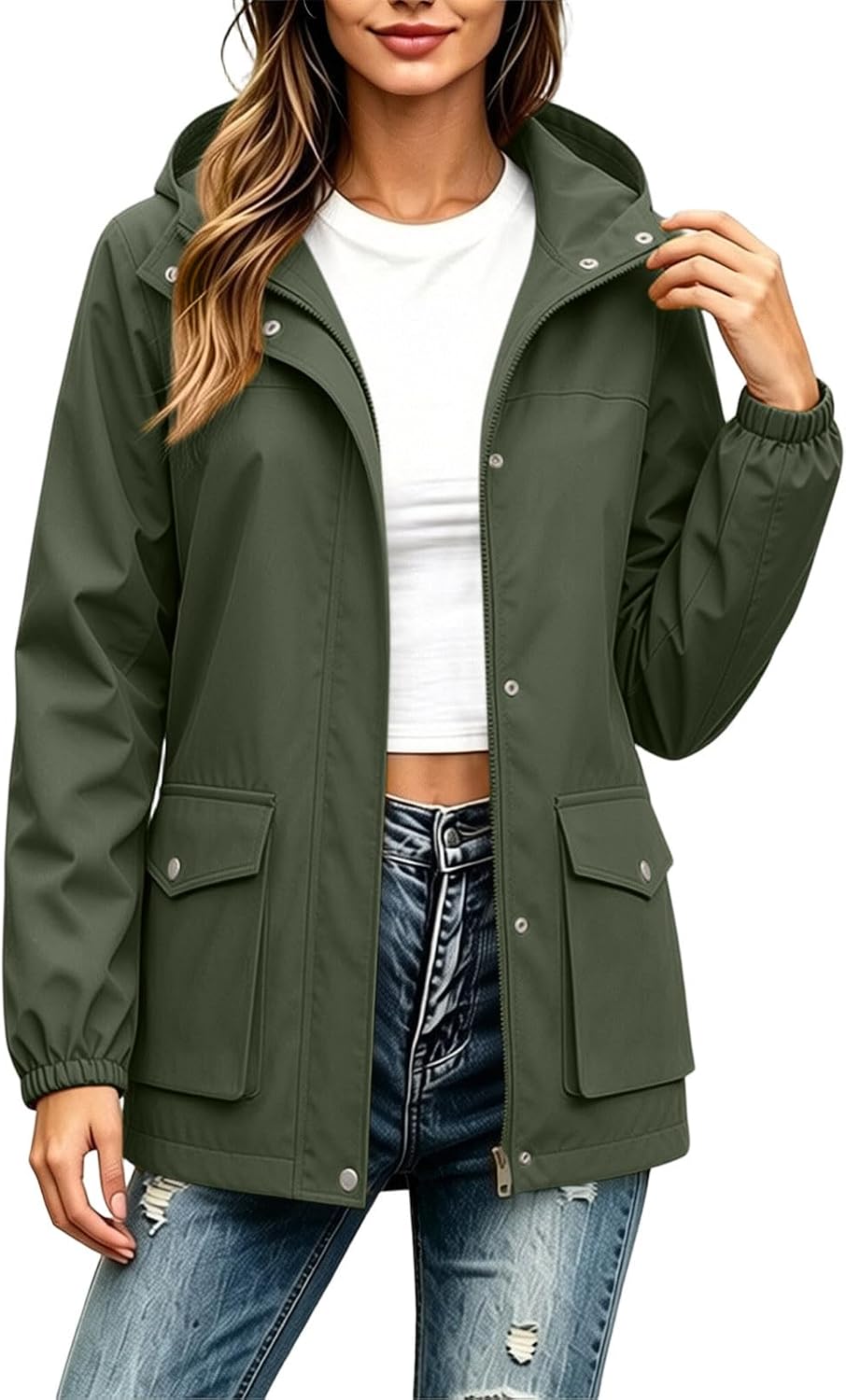Rain Coat for Women Hooded Zip Up Windbreaker with Flap Pockets | Women's Mid Length Softshell Jacket with Snap Button, Cinch Waist, Long Sleeve for Fall Spring Travel Outdoor