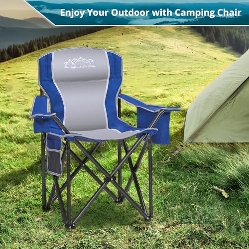 SAILARY 2PCS Folding Camping Chair, Heavy Duty Portable Lawn Chairs with Cooler Bag, Side Pocket & Cup Holder, Folding Chairs for Outside Support 450lbs Blue の商品画像 2