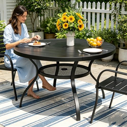 Image of SUNCROWN 42 Inch Round Outdoor Patio Dining Table, All Weather Black Metal Steel Slat Table with 1.5 inch Umbrella Hole, Weather Resistant Outside Furniture for Lawn Garden Backyard Porch