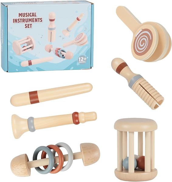 6pcs Montessori Holz Baby Rassel - Musik Holz Spielzeug, Montessori Sensorik Spielzeug, musikinstrumente Geschenk für Jungen und Mädchen, Geburtstagsgeschenk für Kinder und Toddler (Farbe 2) - 1